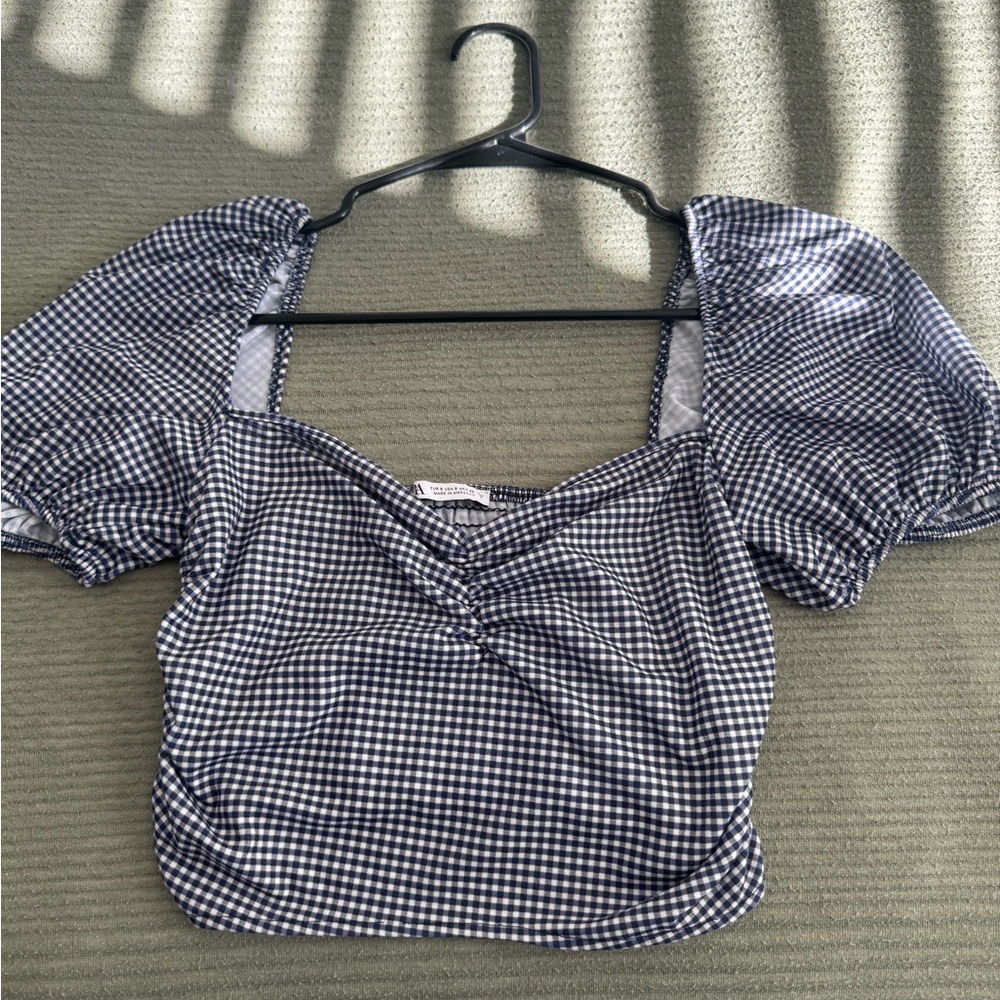 Zara Black and White Gingham Puff Sleeve Blouse